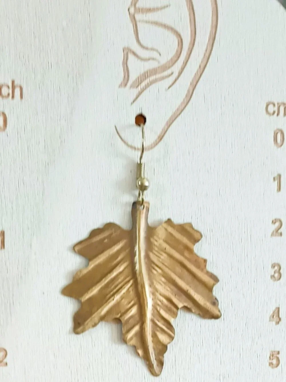 Handmade Dangle Leaf Earrings Vintage Gold Tone Crimped Metal Boho Jewelry